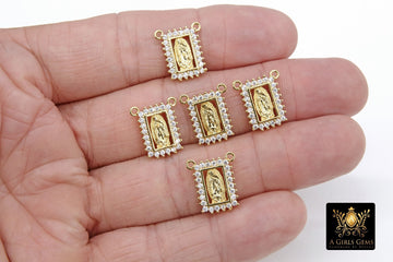 CZ Pave Gold Scapular Charms, Mini Rectangle Virgin Mary Pendants #643, Jesus Connectors